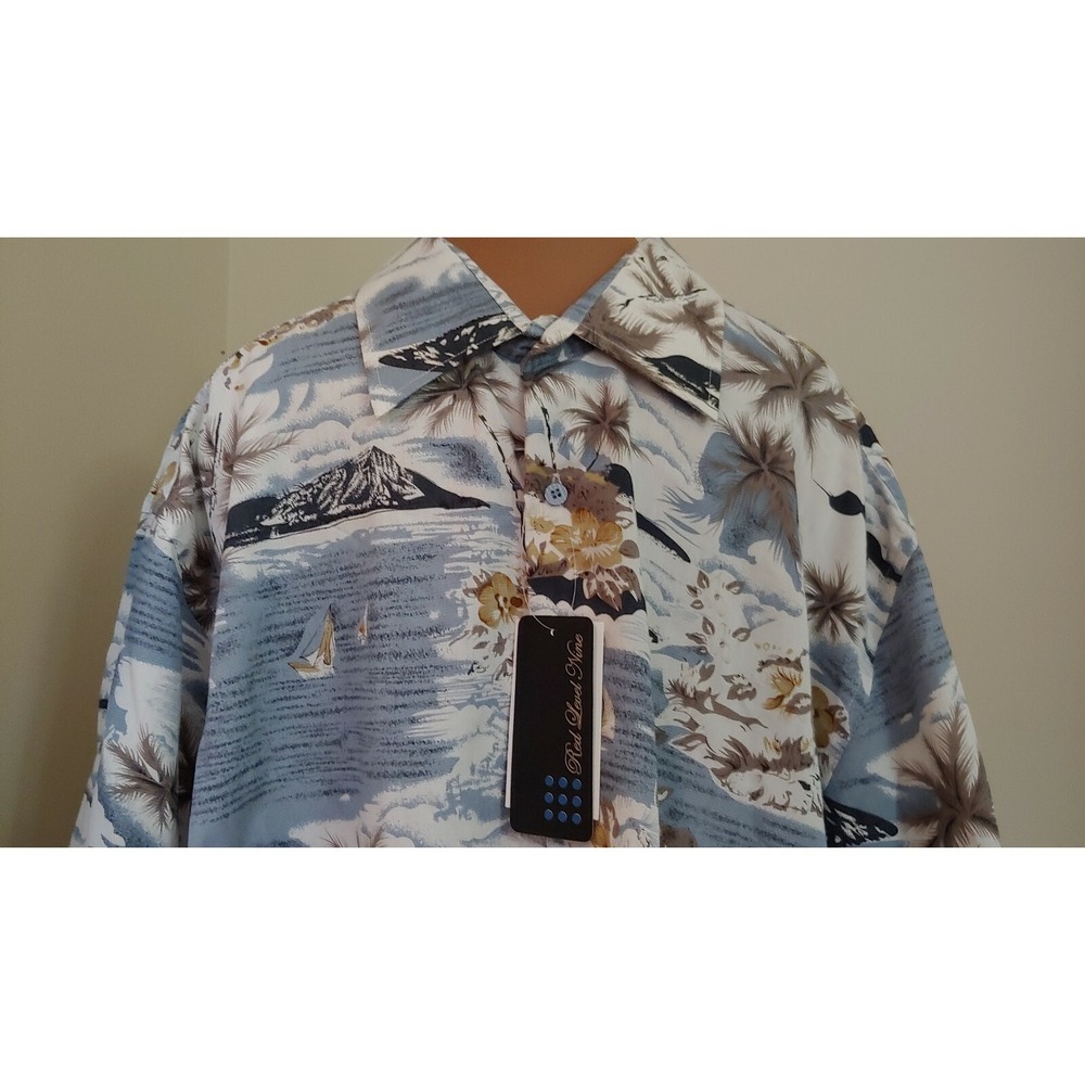 Red level Nine Hawaiian Blue white Flowers trees boats water shirt‎ XXL